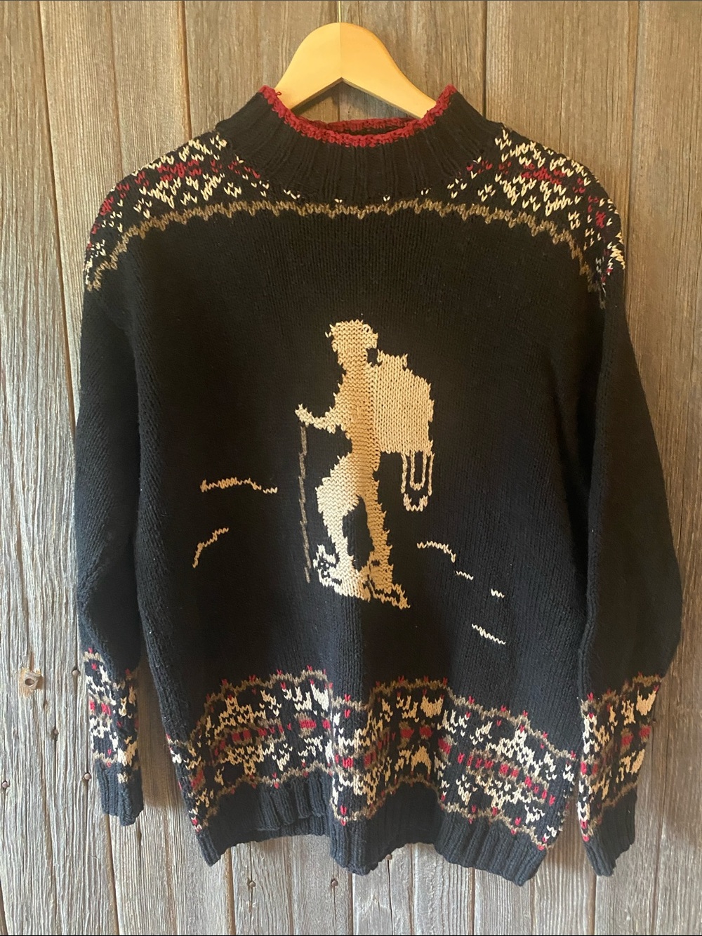Eddie Bauer Vintage Black Crewneck Sweater with Beige Hiker Motif and Red Trim